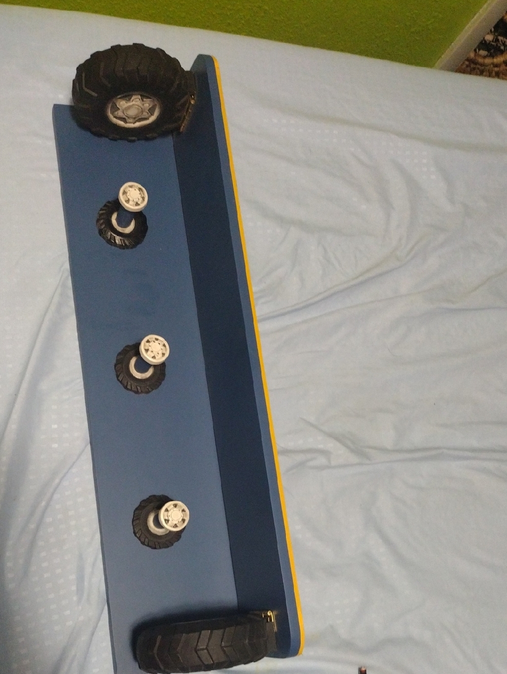 Blue Wooden Shelf Toy Truck Bed Organizer with Yellow Trim